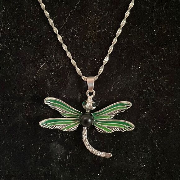 22” Artists Gifts twisted silver tone necklace w/2” x 0.75” enameled dragonfly - Picture 1 of 16